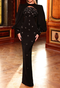 Black Floral Appliqué Bishop Sleeve Maxi Dress
