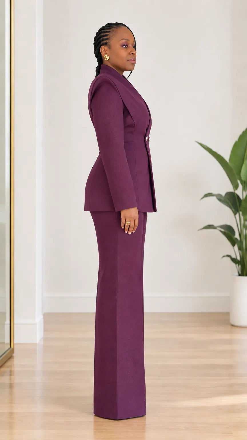 Women's Sculpted Collar Double-Breasted Blazer and Wide-Leg Pants 2-Piece Suit Set