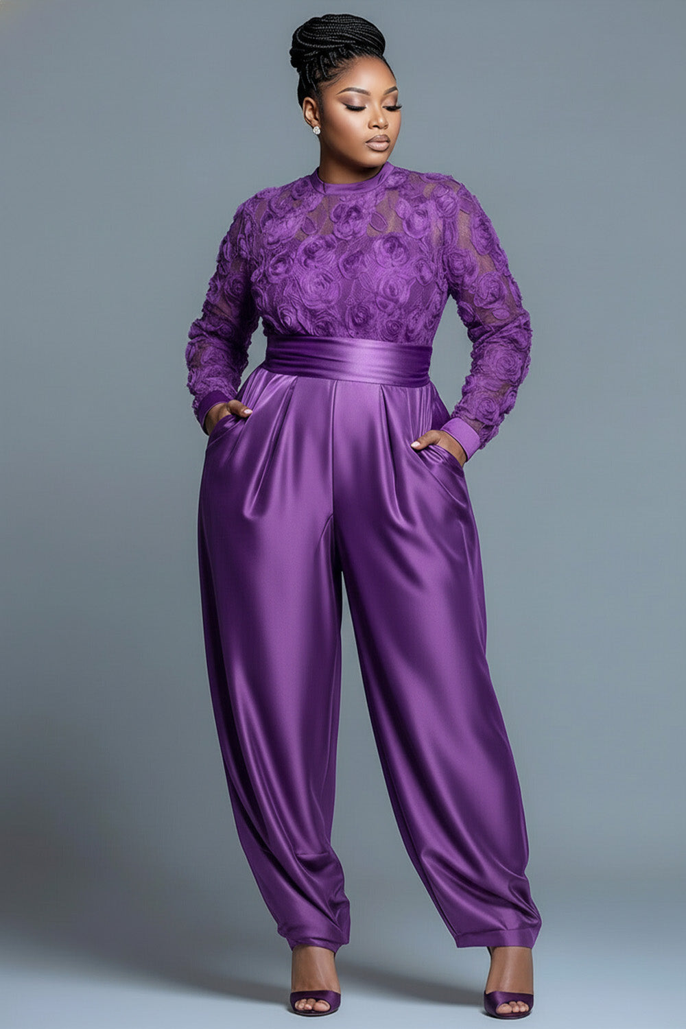 Purple Round Neck Long Sleeve Elegant See Through Satin Jumpsuits