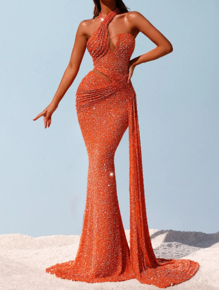 Sparkly Orange Asymmetric Neck Ruched Sequin Gown with Train