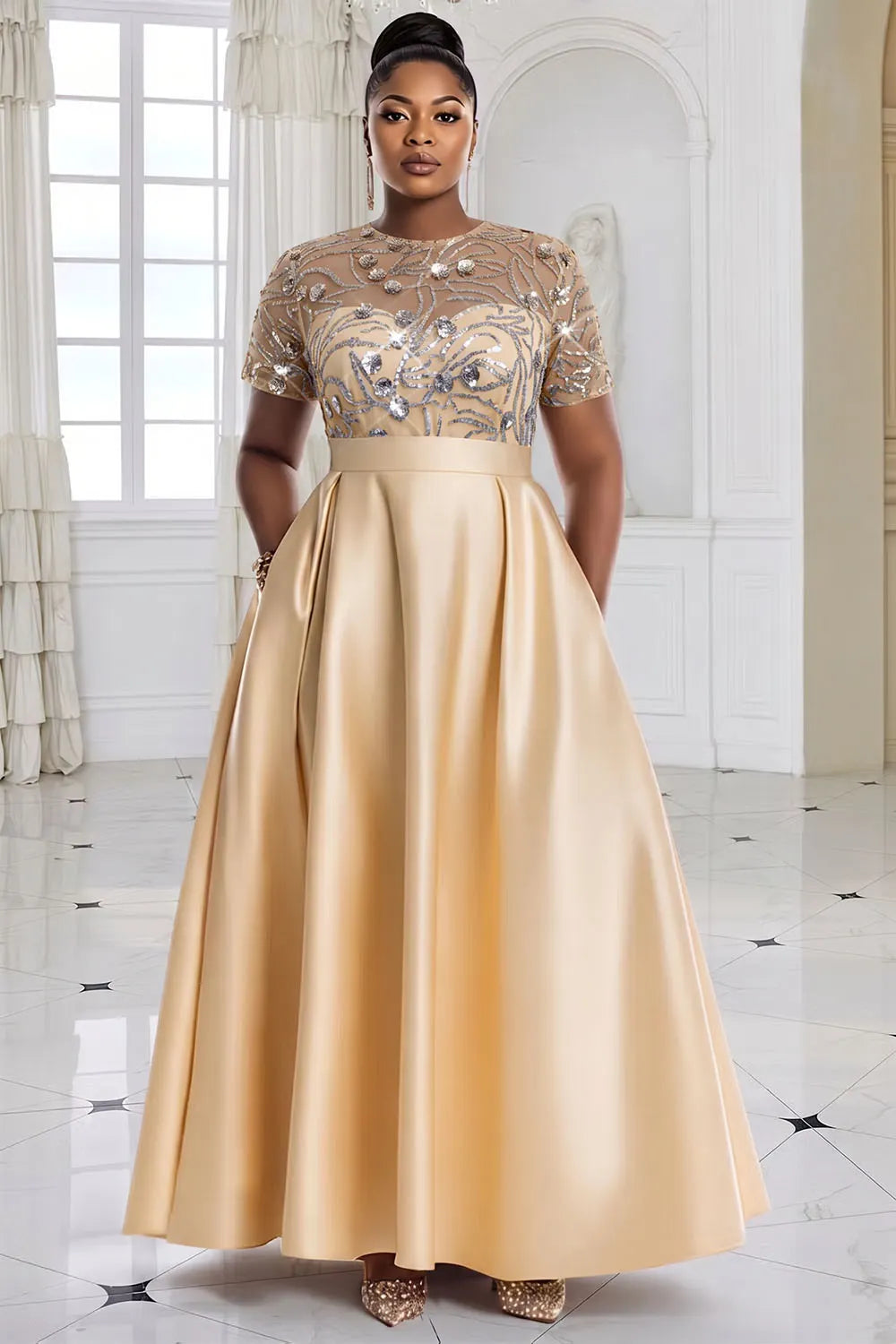 Elegant Sequin Champagne Round Neck Short Sleeve Pocket Sequin Satin Maxi Dresses