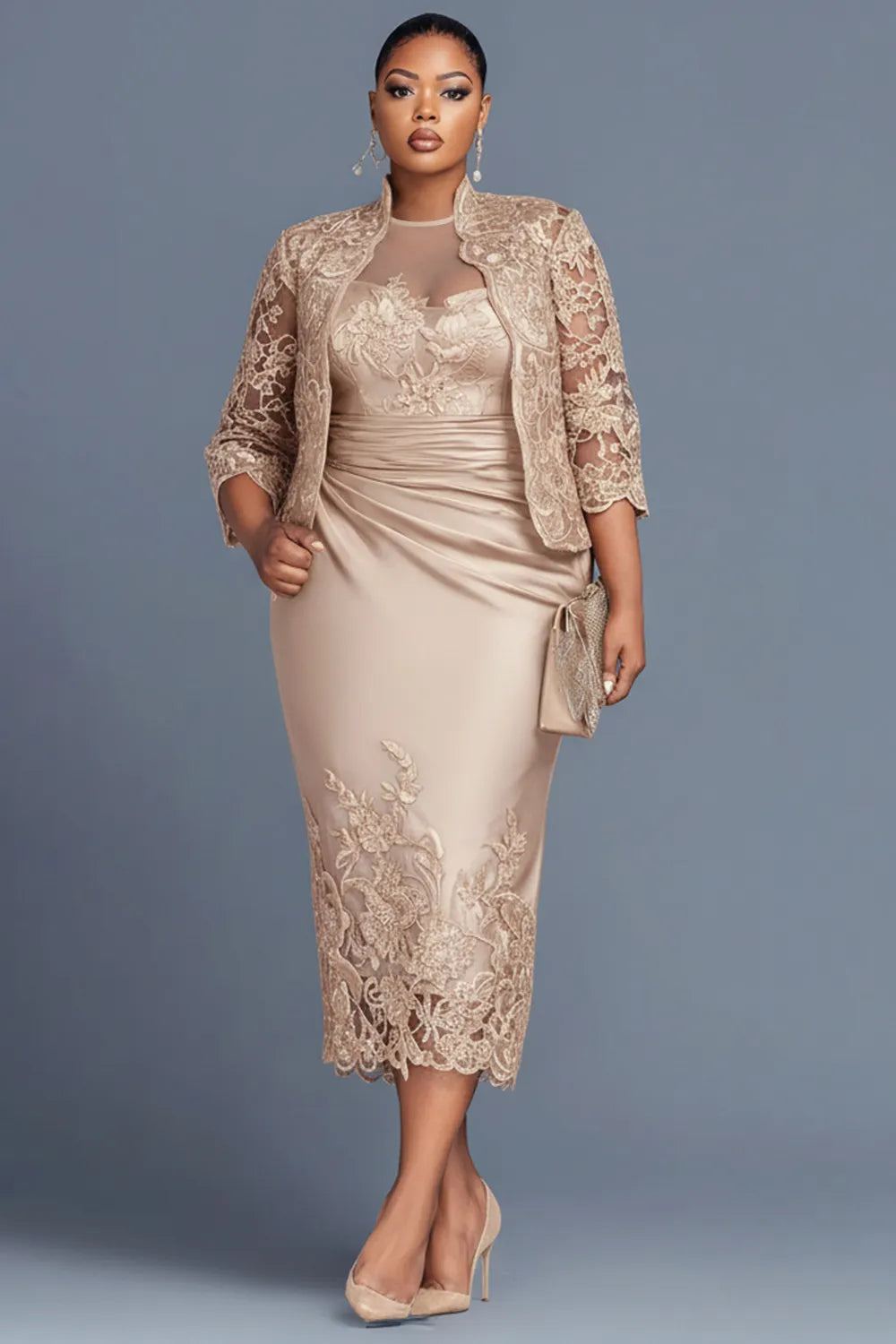 Cocktail Party Lace Champagne Round Neck 3/4 Sleeve Contrast Bodycon Satin Two Piece Dress Sets