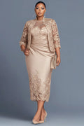 Cocktail Party Lace Champagne Round Neck 3/4 Sleeve Contrast Bodycon Satin Two Piece Dress Sets