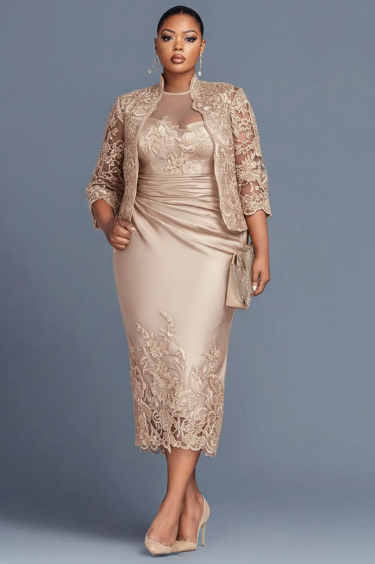 Cocktail Party Lace Champagne Round Neck 3/4 Sleeve Contrast Bodycon Satin Two Piece Dress Sets