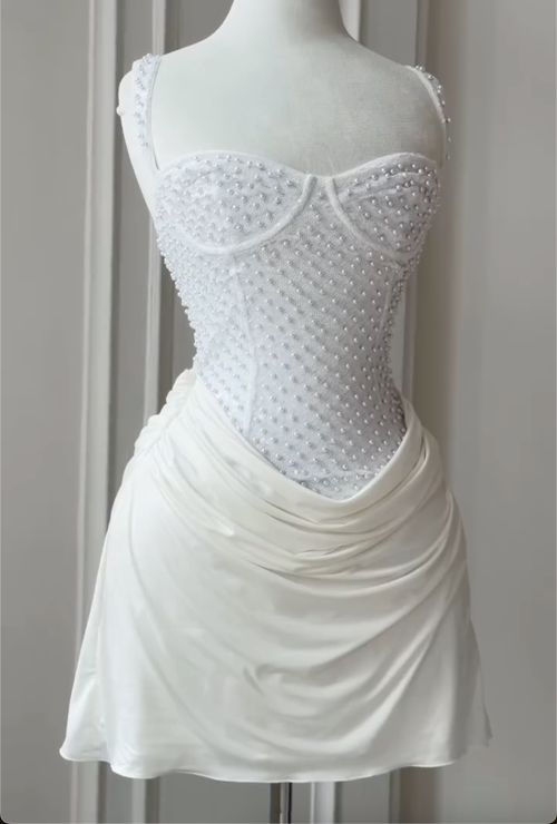 2-Color Pearl & Sequin Corset Mini Dresses - Yellow / White Formal Cocktail Gowns