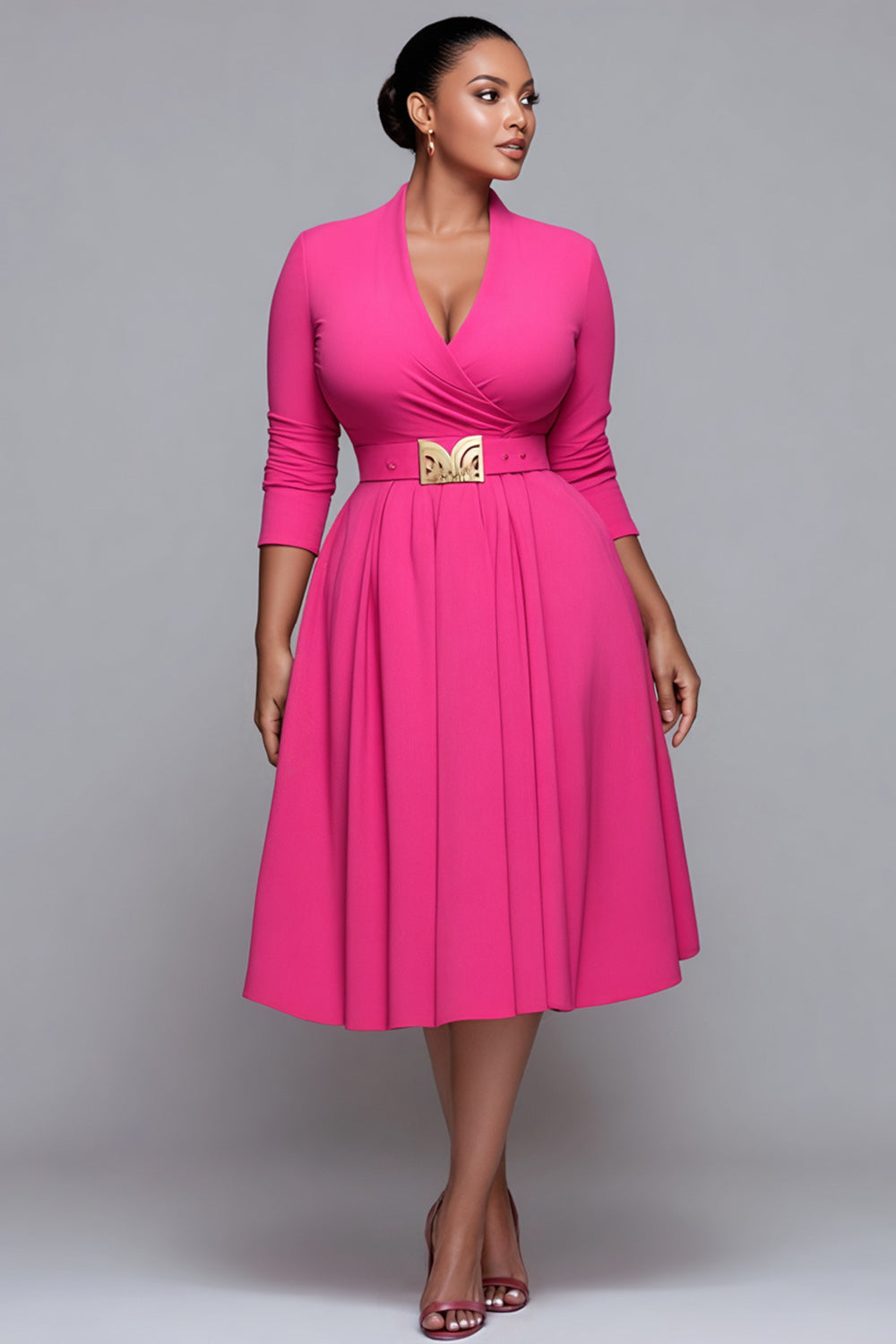 Business Casual Pink V Neck 3/4 Sleeve Pocket Midi Dresses