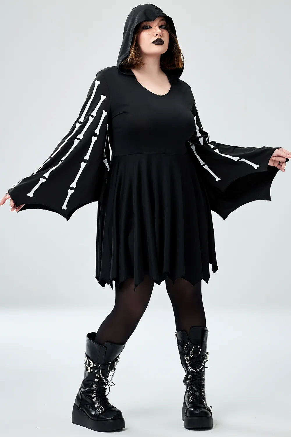 Halloween Costume Black Bat Skeletons Knitted Mini Dress(Ships 24h)