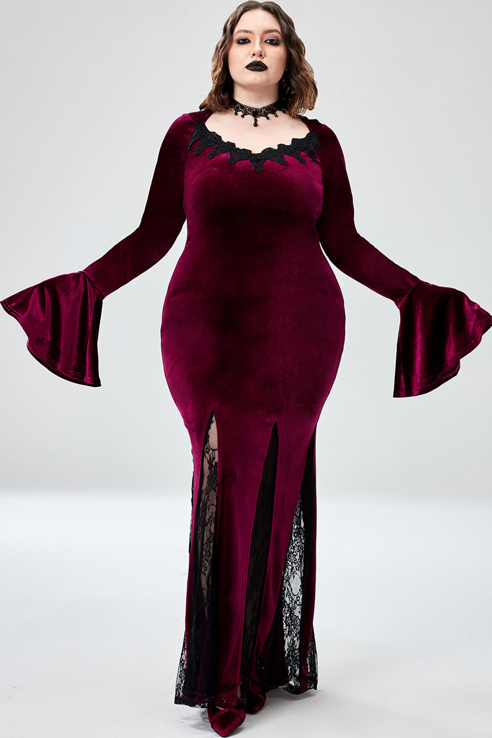 Halloween Costume Burgundy Witches Gothic V-Neck Trumpet Sleeve Velvet Lace Maxi Dress(Ships 24h)