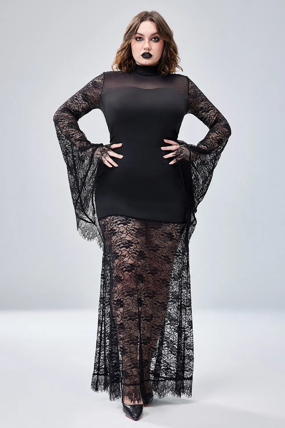 Halloween Costume Black Trumpet Sleeve Lace Maxi Dress(Ships 24h)