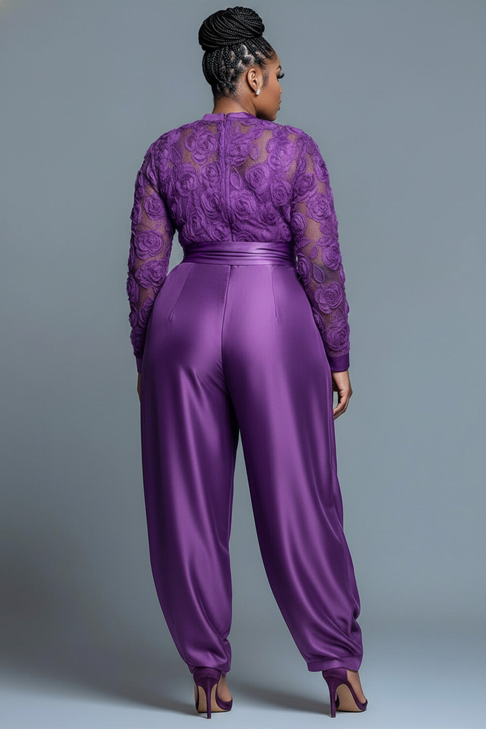 Purple Round Neck Long Sleeve Elegant See Through Satin Jumpsuits