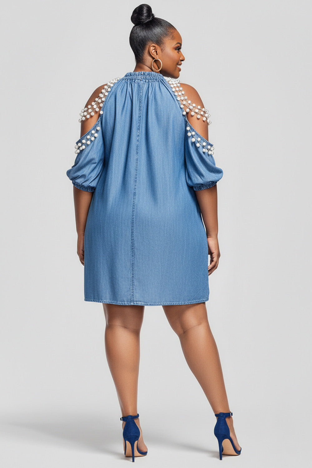 Xpluswear Design Plus Size Party Light Blue Round Neck Cold Shoulder Short Sleeve Pocket Pearls Tencel Denim Mini Dresses