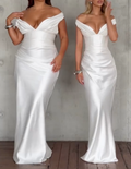 White Bridal Dresses Collection: Off-Shoulder Satin Maxi Dress, Corset Square Neck Mini Dress & Strapless Flowy Maxi Dress - Wedding & Bachelorette Outfits