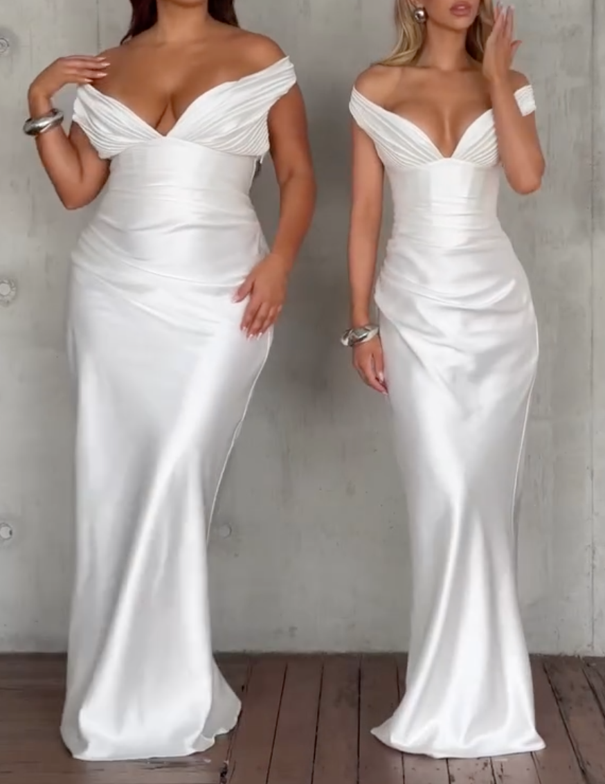 White Bridal Dresses Collection: Off-Shoulder Satin Maxi Dress, Corset Square Neck Mini Dress & Strapless Flowy Maxi Dress - Wedding & Bachelorette Outfits