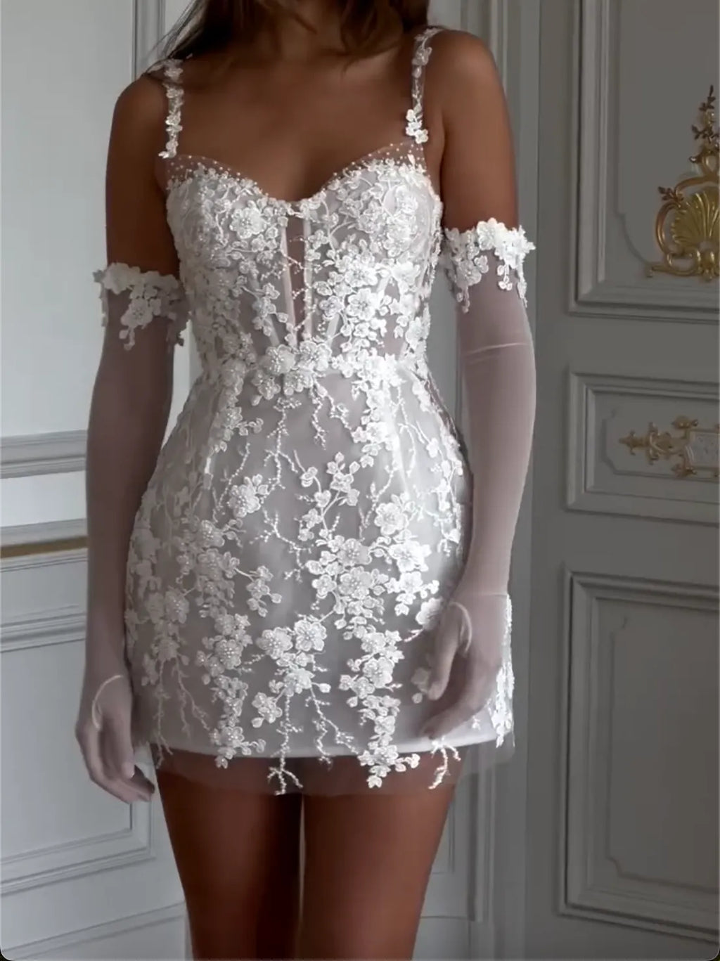 White Lace Spaghetti Strap Corset Mini Dress - 3D Floral Formal Cocktail Gown