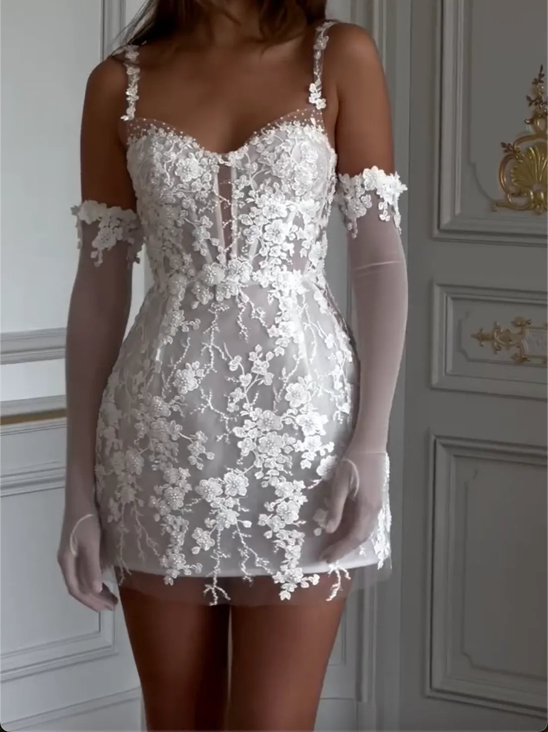 White Lace Spaghetti Strap Corset Mini Dress - 3D Floral Formal Cocktail Gown