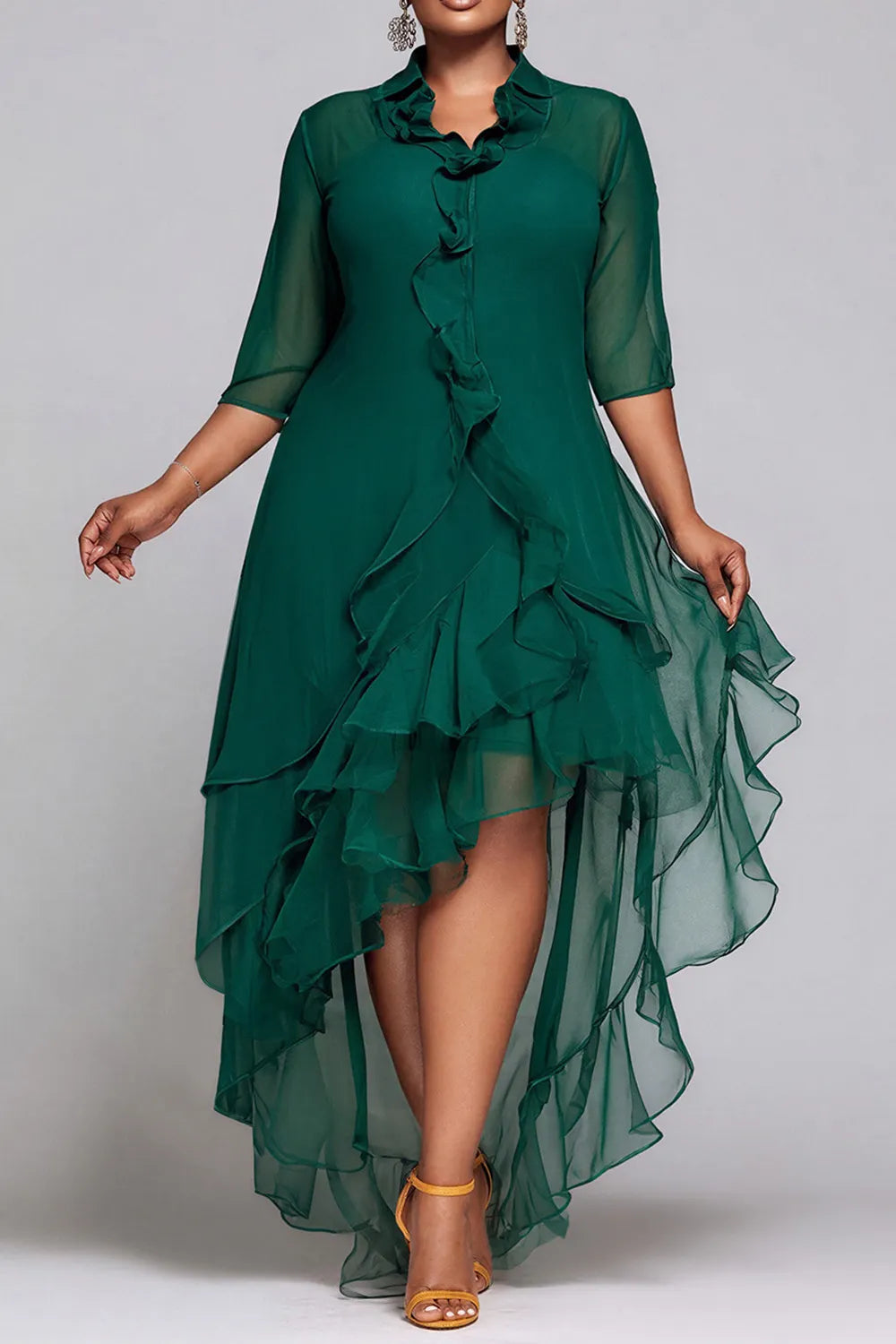 Vacation Emerald Green Shirt Collar Half Sleeve High Low Hem Ruffle Chiffon Midi Dresses [Pre-Order]