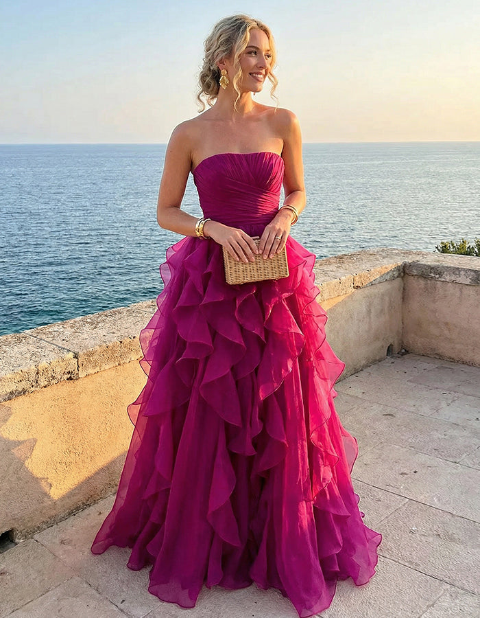 Rose Red Chiffon Strapless Tiered Maxi Dress