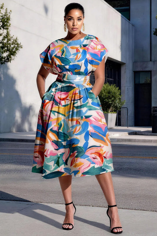Business Casual Multicolor All Over Print Round Neck Short Sleeve Pocket Midi Dresses