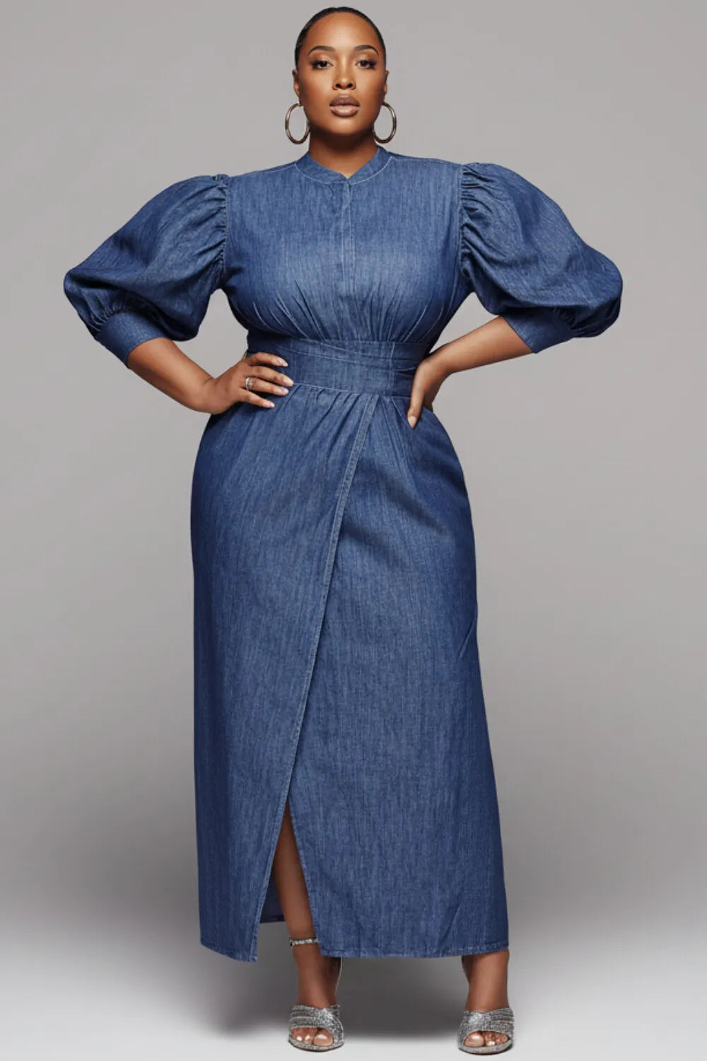 Xpluswear Design Plus Size Business Casual Blue Mock Neck Half Sleeve Split Elegant Denim Maxi Dresses