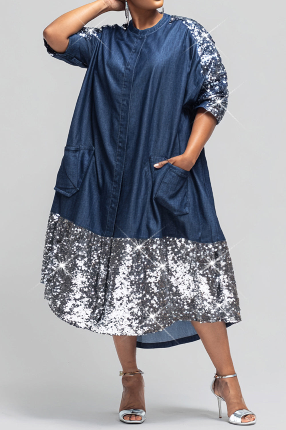 Xpluswear Design Plus Size Business Casual Sequin Blue Round Neck Half Sleeve Pocket Sequin Tencel Denim Midi Dresses