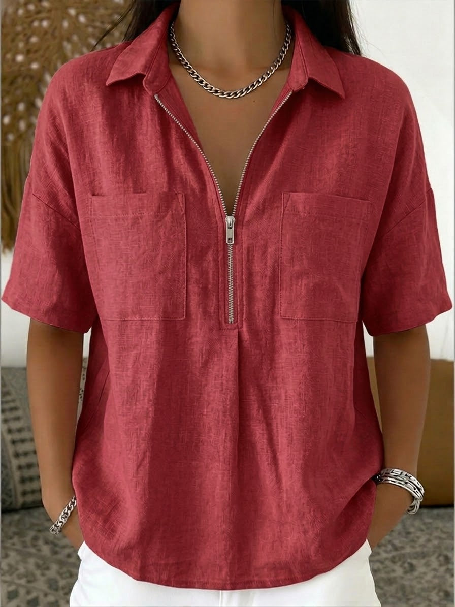 Casual Half-zip Linen And Cotton Shirt
