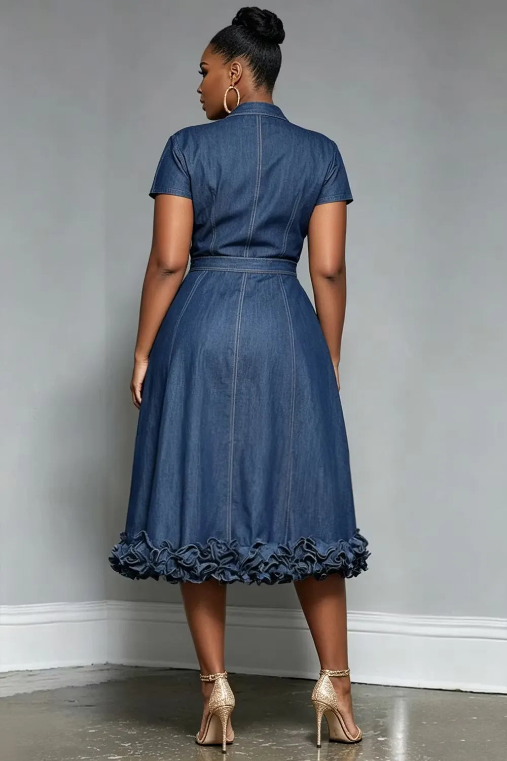Xpluswear Design Plus Size Business Casual Blue V Neck Short Sleeve Pocket Ruffle Tencel Denim Midi Dresses