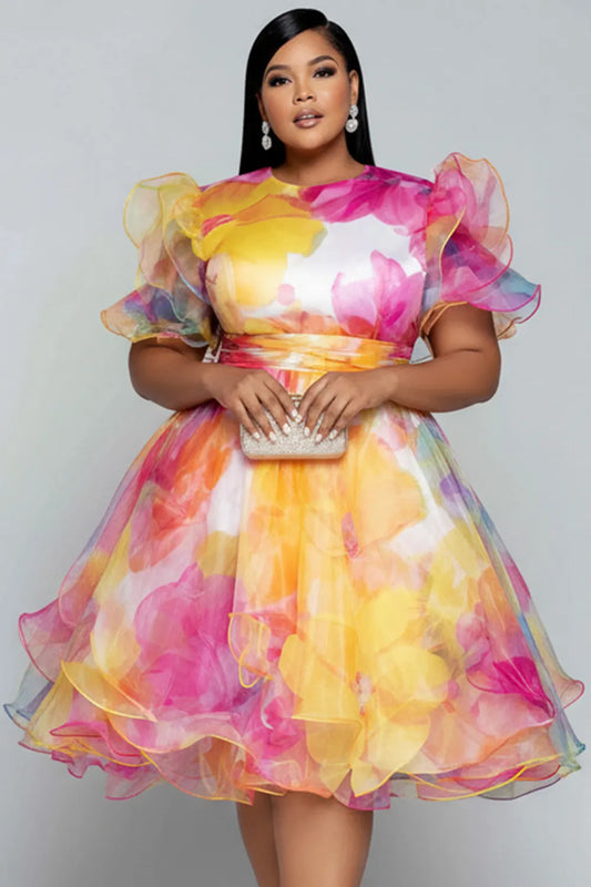 Party Multicolor Floral Round Neck Short Sleeve Ruffle See Through Chiffon Mini Dresses