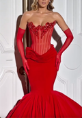 Red Strapless Crystal Beaded Sheer Corset Mermaid Maxi Dress with Oversized Train