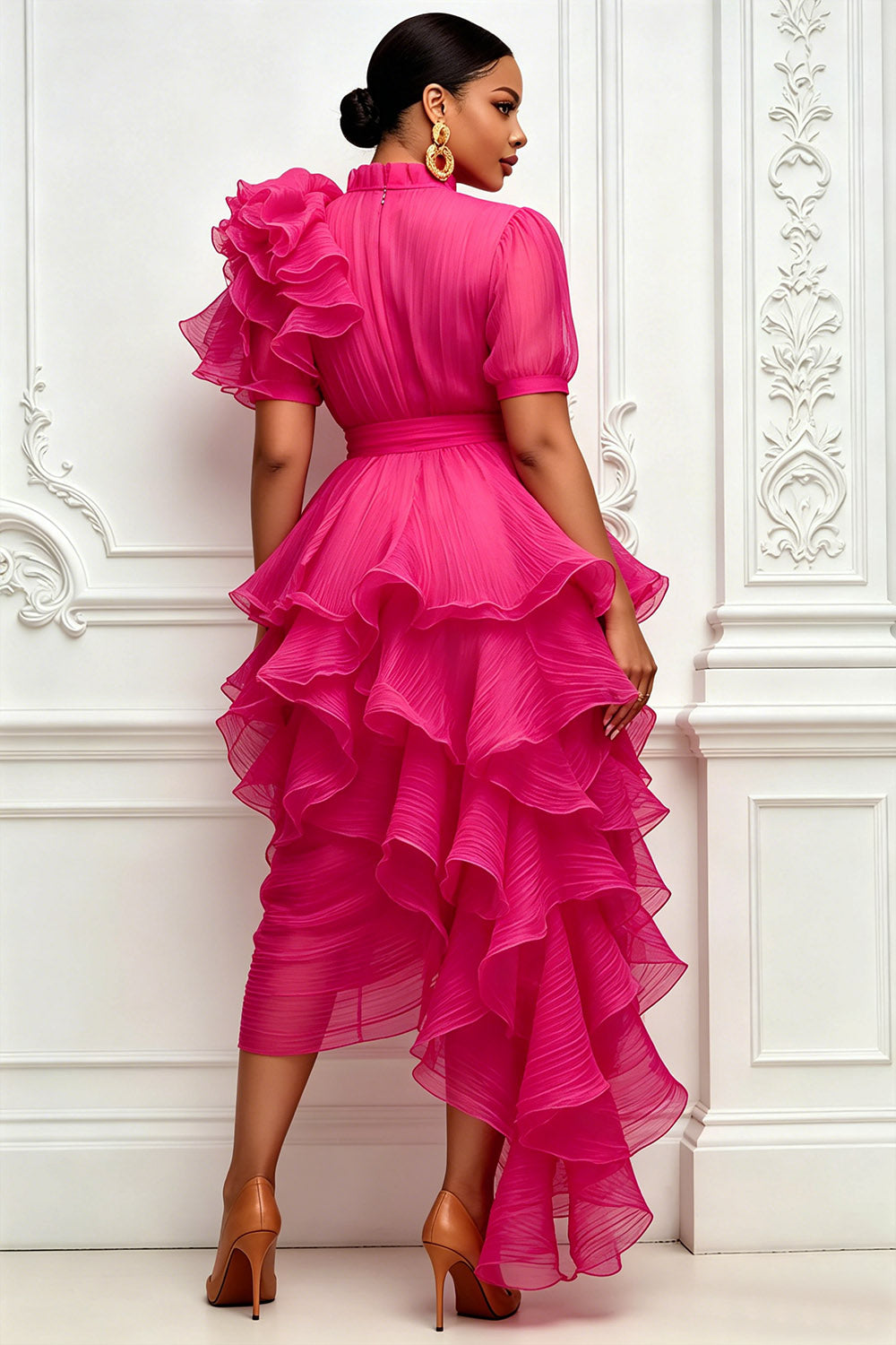 Cocktail Party Hot Pink Round Neck Short Sleeve Ruffle Asymmetric Hem Irregular Hem Tulle Midi Dresses