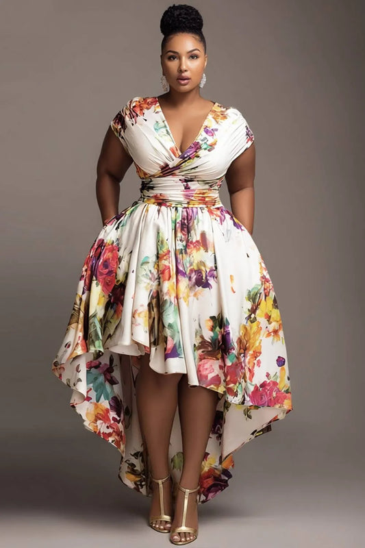 Wedding Guest White Floral Wrap Neck High Low Hem Pocket Midi Dresses