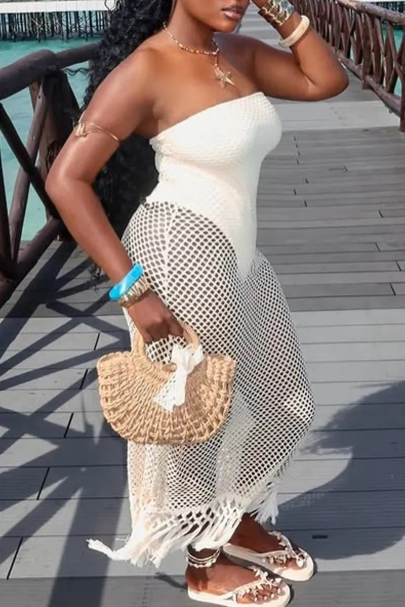 Women's Strapless Patchwork Hollow Tassel Seaside Vacation Casual Style Dress