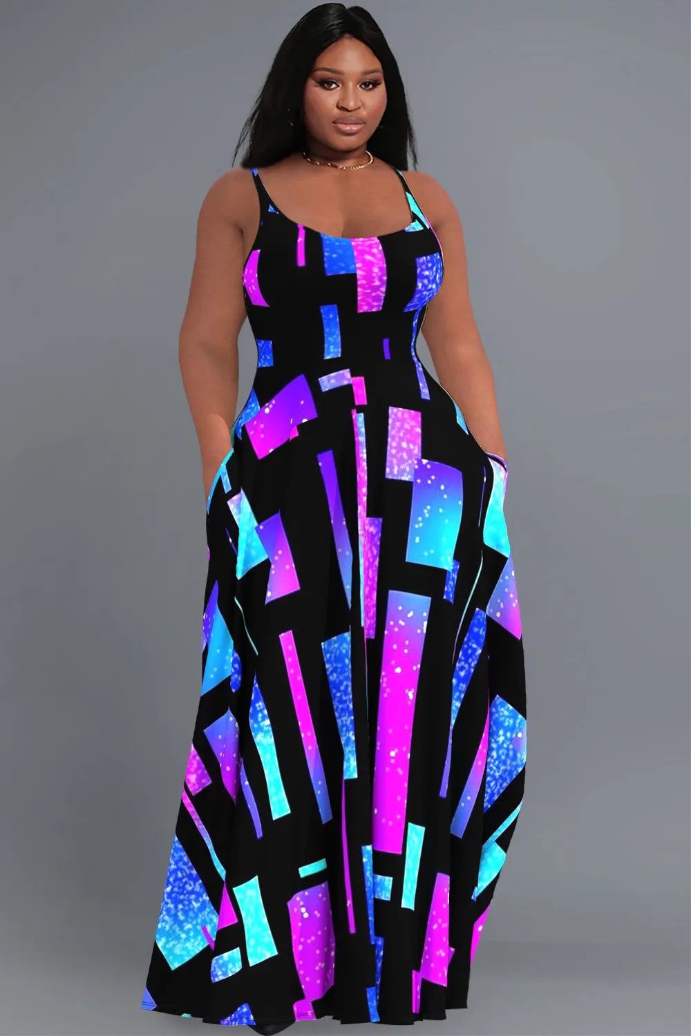 Casual Sundress Multicolor Geometric Print With Pockets Maxi Dress