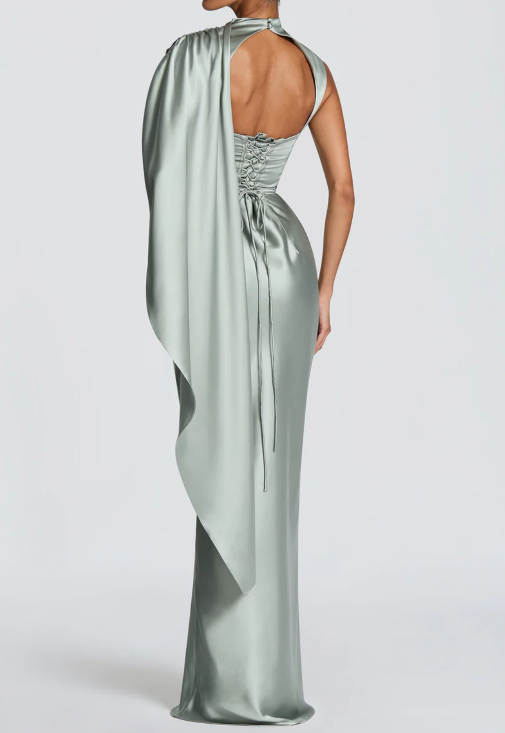 Sage Green Satin Corset Maxi Dress with Draped Detail - Elegant Formal Evening Gown
