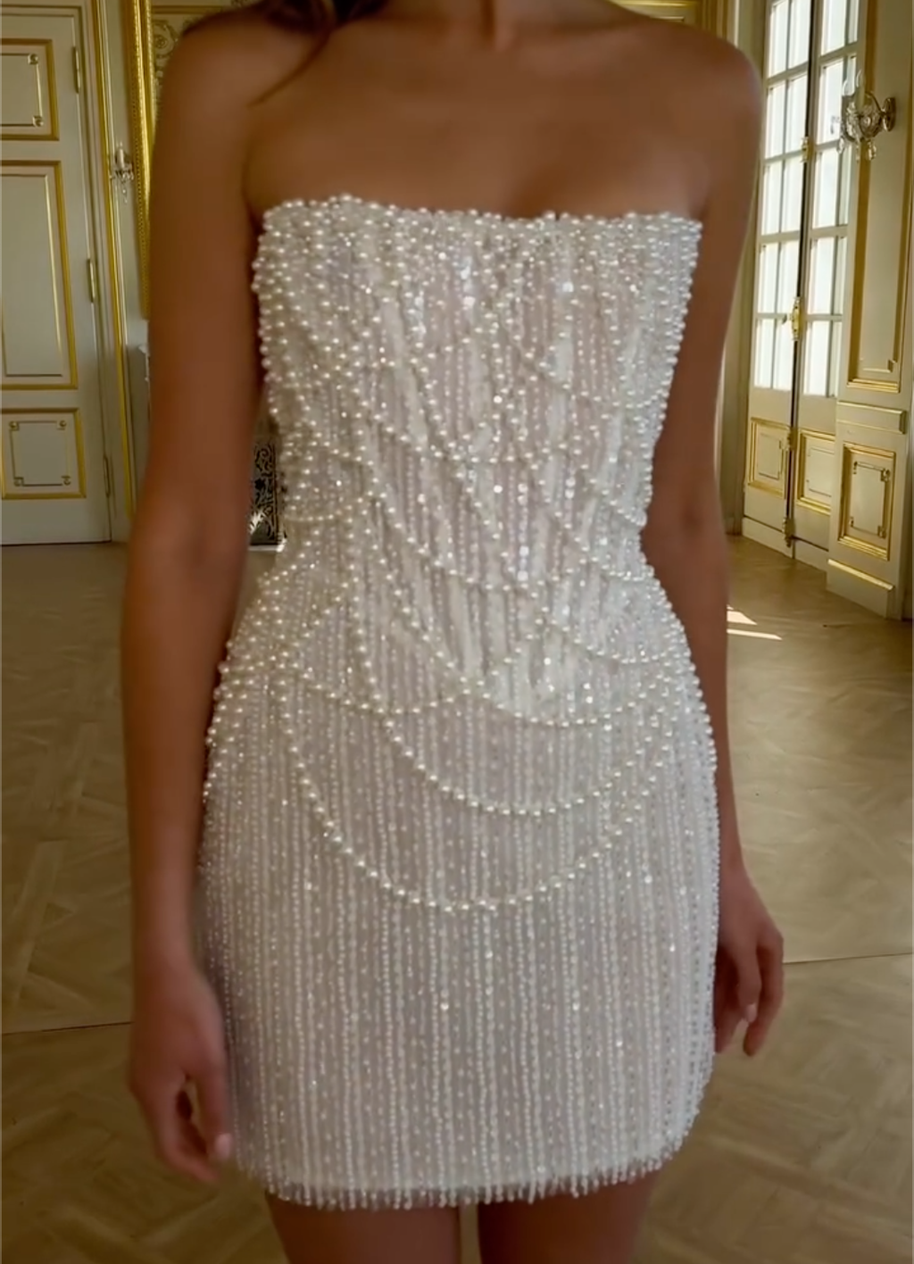 White Strapless Pearl Beaded Mini Dress