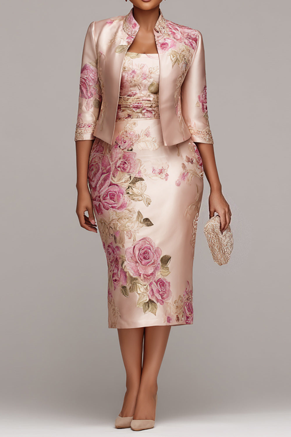 Mother Of The Bride Pink Floral Half Sleeve Bodycon Satin Two Piece Dress Set