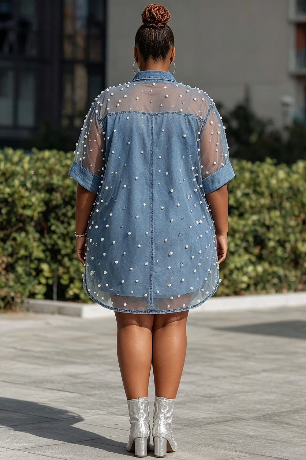 Xpluswear Design Plus Size Festival Casual Tulle Blue Shirt Collar Short Sleeve Pearls See Through Tencel Denim Mini Dresses [Pre-Order]