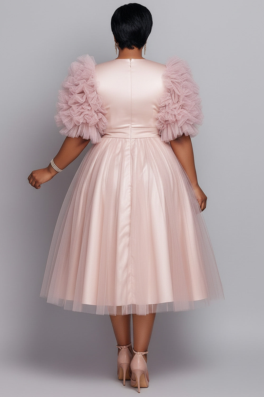 Tulle Pink Round Neck Long Sleeve Contrast Elegant 3D Satin Midi Dresses