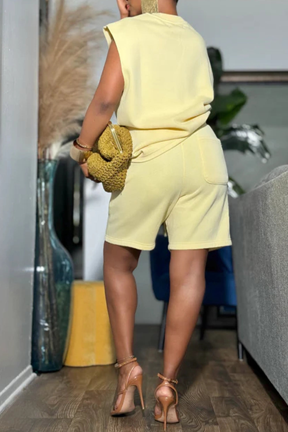 Plus Size Business Casual Yellow Round Neck Ruched Two Piece Short Sets