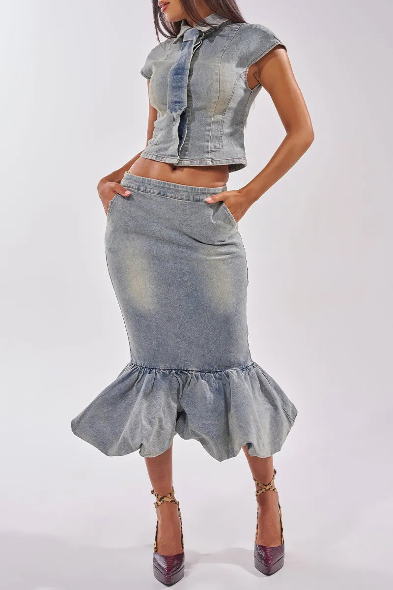 Women's Lapel Necktie Cap Sleeve Fitted Cropped Denim Shirt Or High Waist Bodycon Ruffle Flare Mermaid Denim Midi Skirt