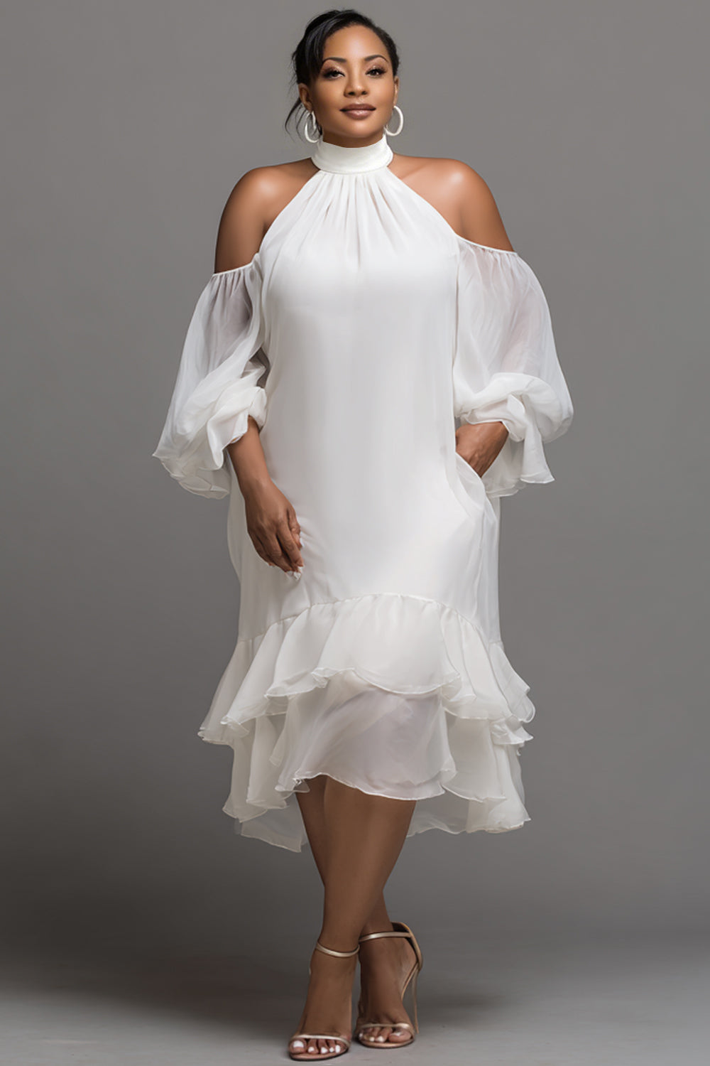Cocktail Party White Halter Collar Cold Shoulder Short Sleeve Ruffle Pocket Chiffon Midi Dresses