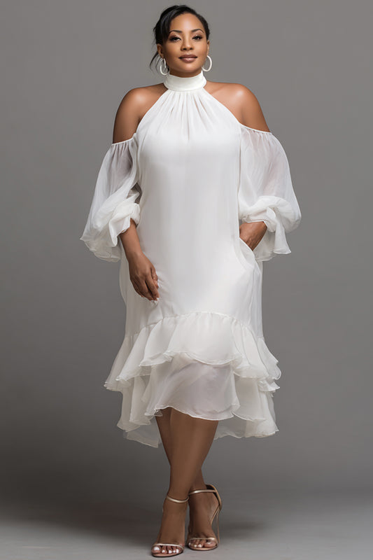 Cocktail Party White Halter Collar Cold Shoulder Short Sleeve Ruffle Pocket Chiffon Midi Dresses