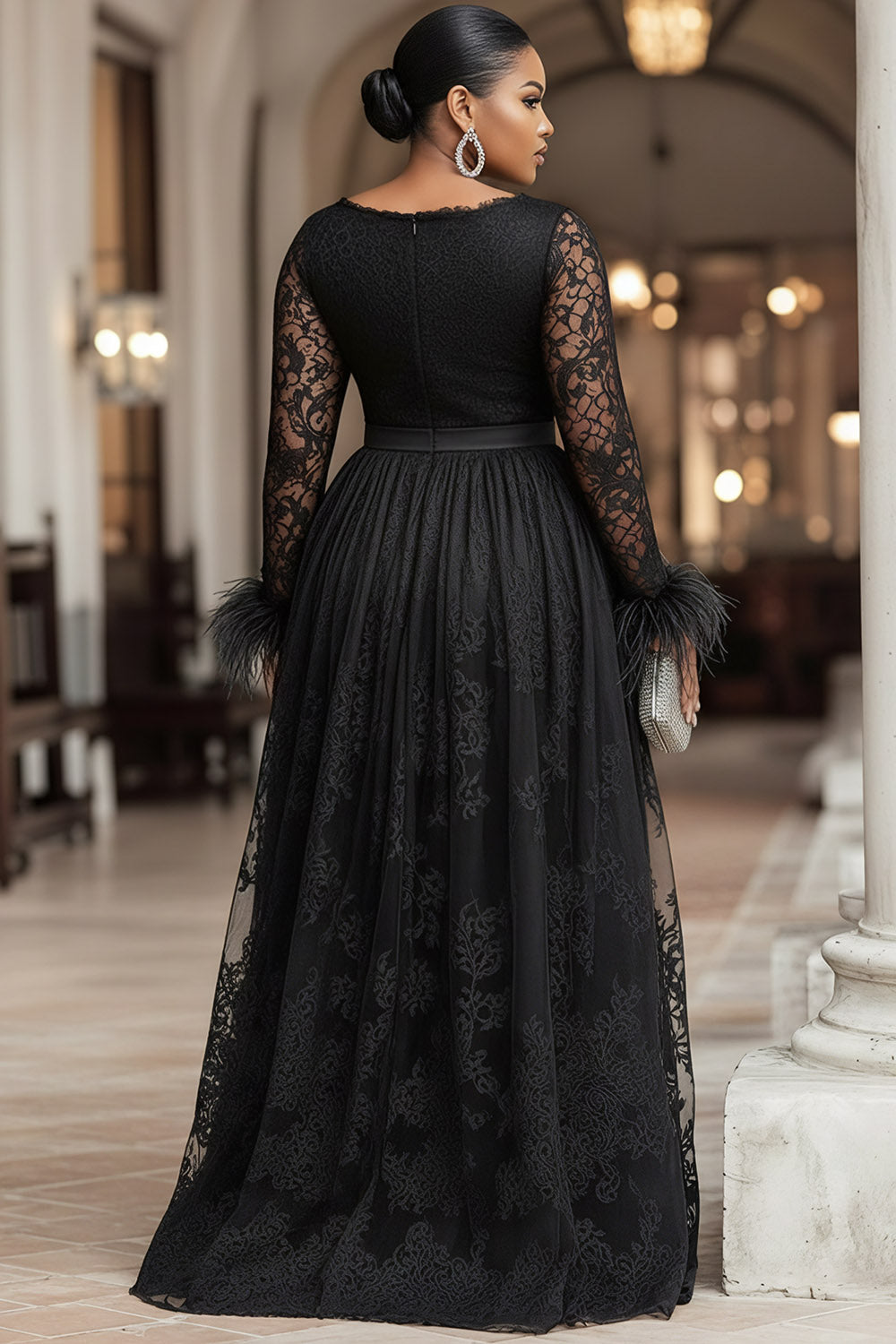 Black Boat Neck Long Sleeve 3D Elegant Feather Lace Maxi Dresses