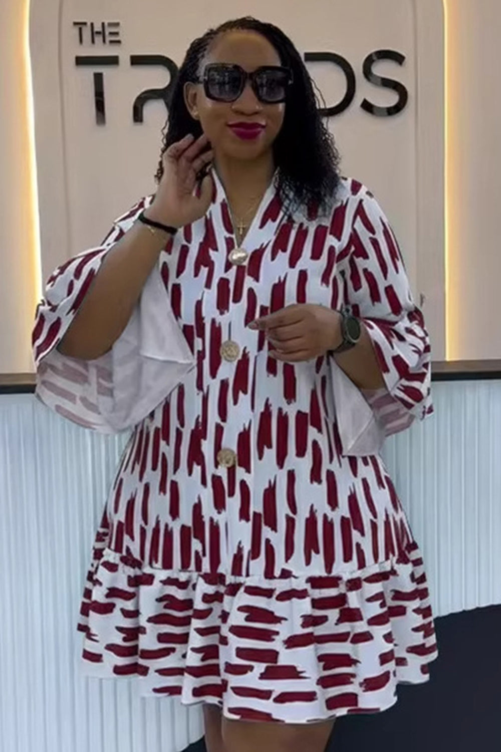 V Neck Flare Sleeve Ruffle All Over Print Loose Fit Mini Dresses-Burgundy