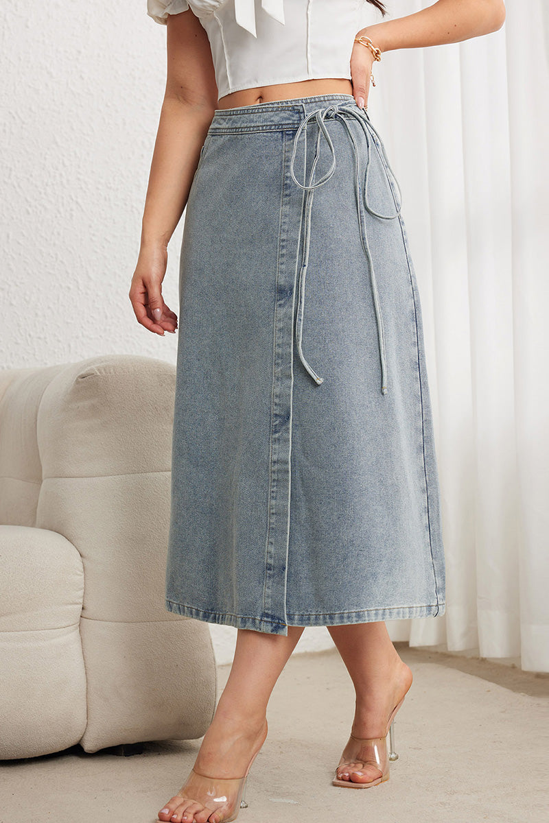 Classic Figure-Flattering Denim Skirt with Elegant Waist Tie