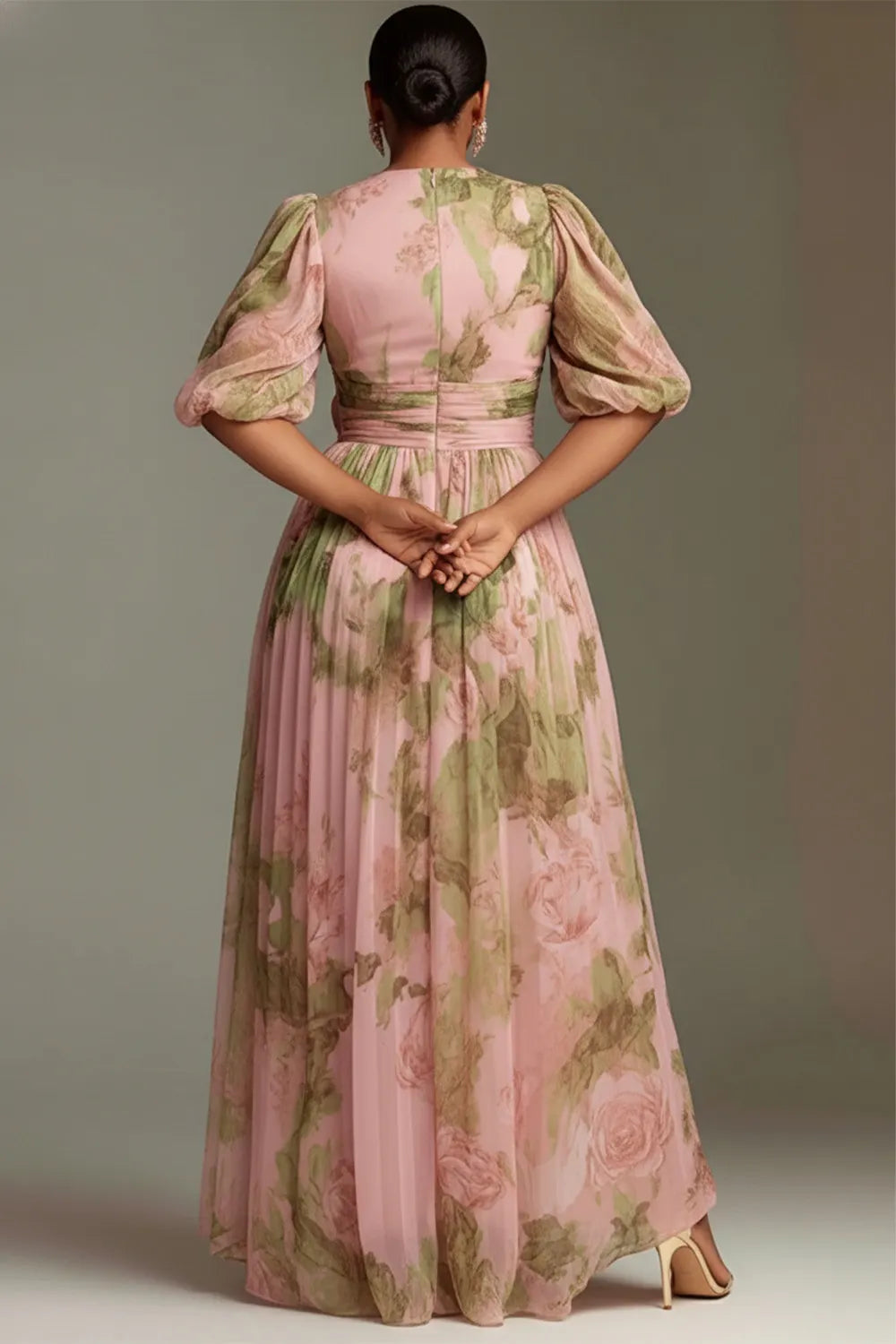 Wedding Guest Peach Floral V Neck Puff Sleeve Short Sleeve 3D Split Chiffon Maxi Dresses