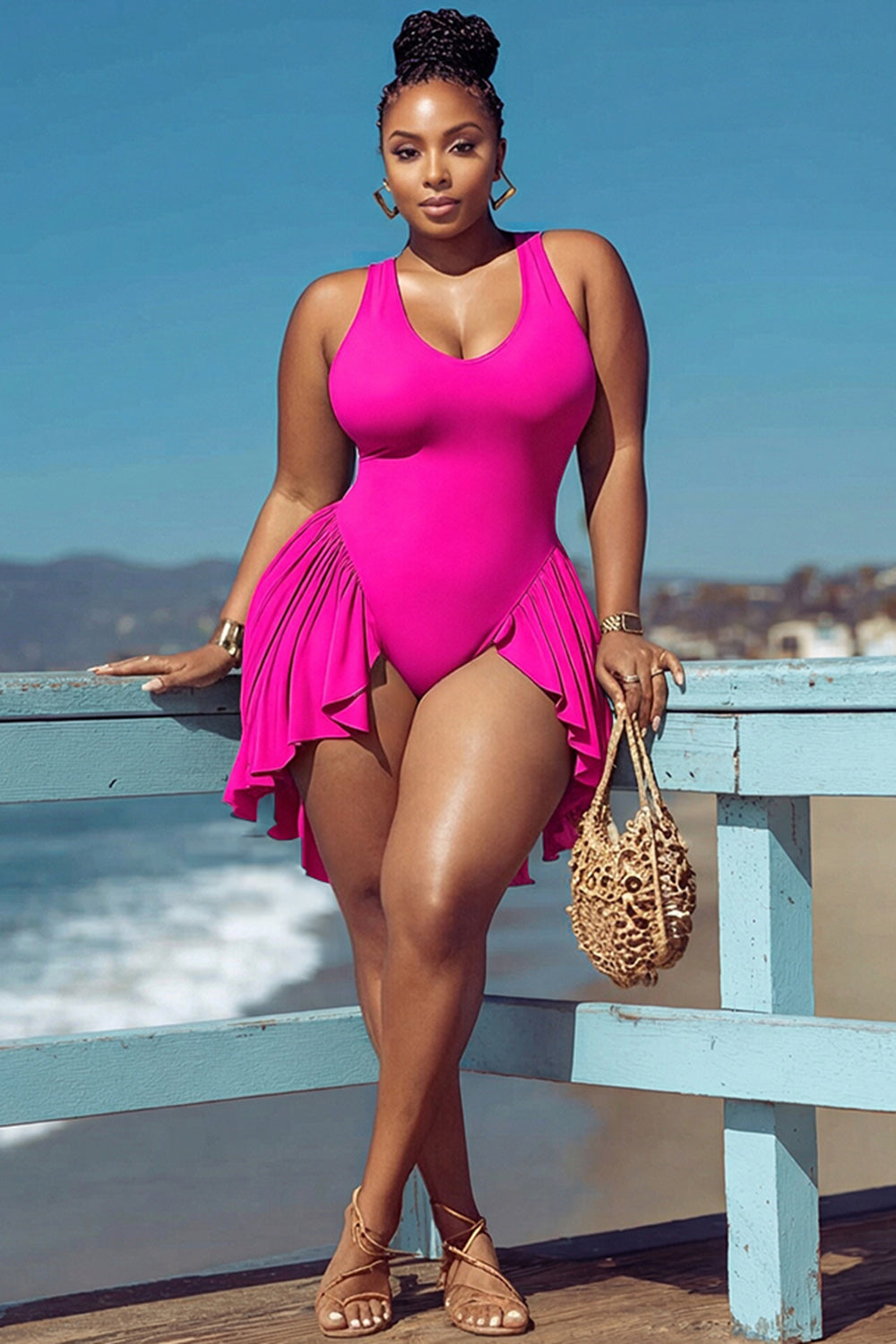 Beach Orange Round Neck Ruffle Swimsuit Fabric Swimwear Dress