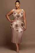 Cocktail Party Gold V Neck 3D Elegant Midi Dresses