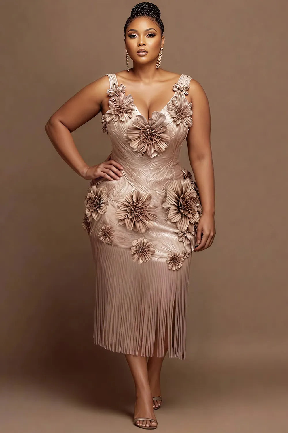 Cocktail Party Gold V Neck 3D Elegant Midi Dresses