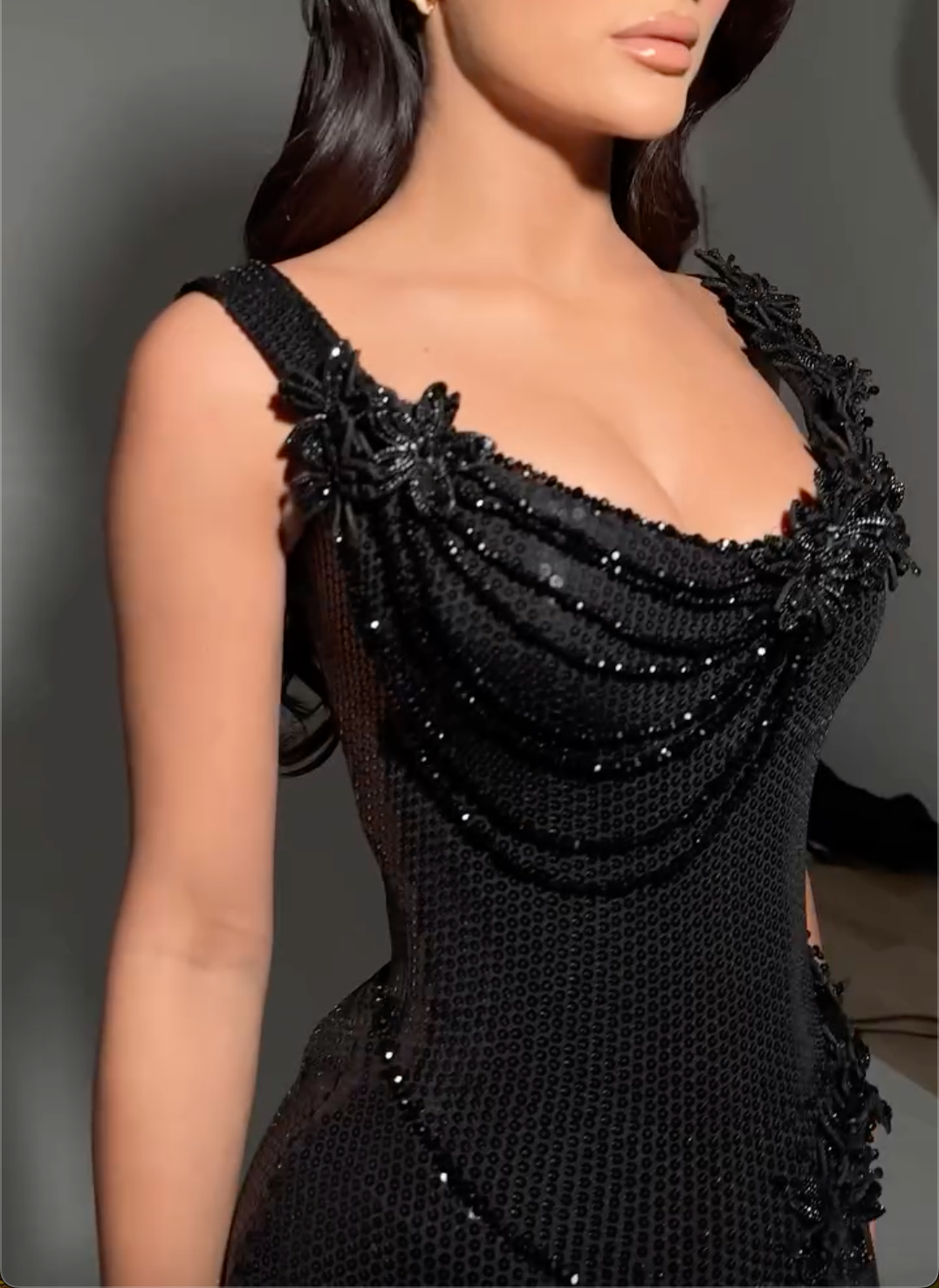 Black Sequin Maxi Dress with Beaded Floral Appliqués & Chain Drape