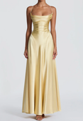 Champagne Yellow Satin Formal Maxi Dress Collection - Elegant Evening Gown for Weddings & Prom
